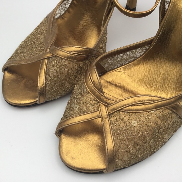 CHARLES DAVID gold mesh sequin evening formal peep toe heel pump 9M 9 - Picture 2 of 5